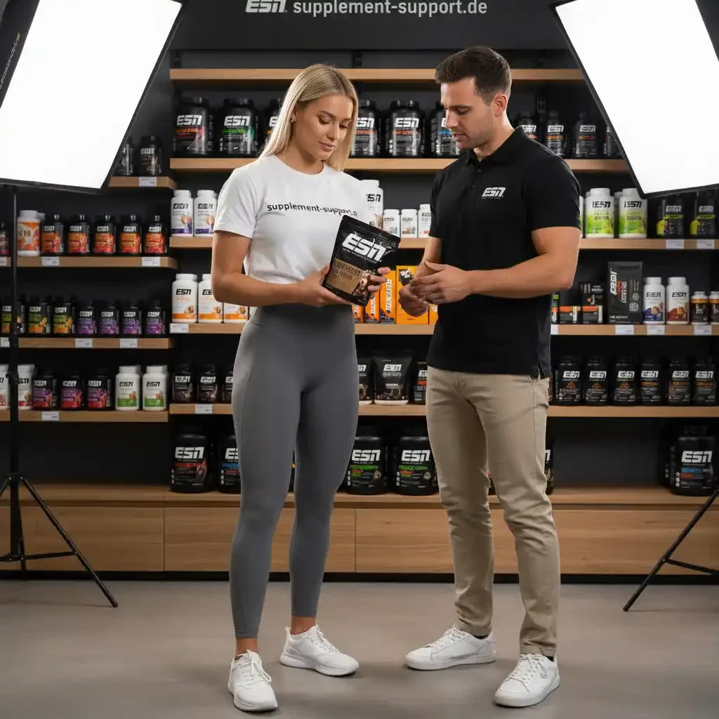 Mann und Frau mit ESN Protein-Pulver vor Regalen mit Nahrungsergänzungsmitteln