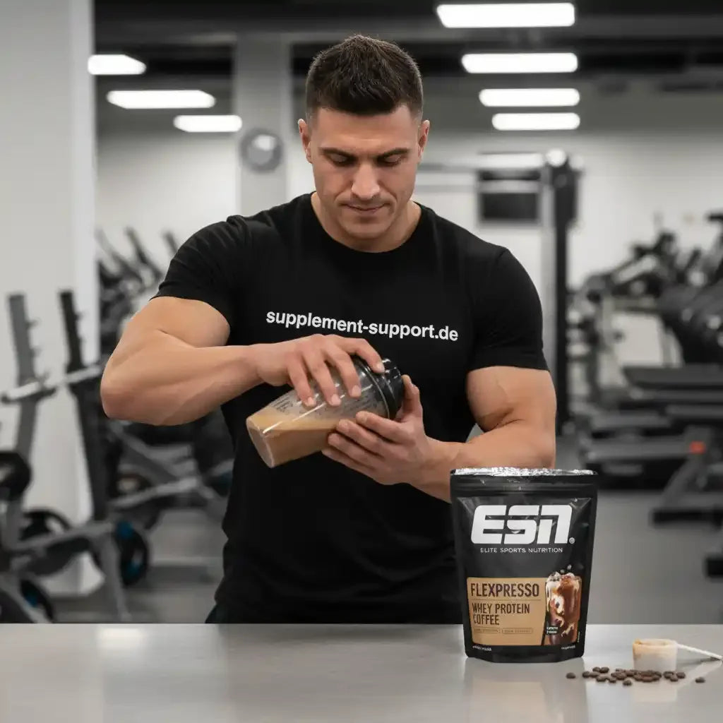 Muskulöser Mann schüttelt Proteinshake im Fitnessstudio, neben ESN Flexpresso Whey Protein Coffee