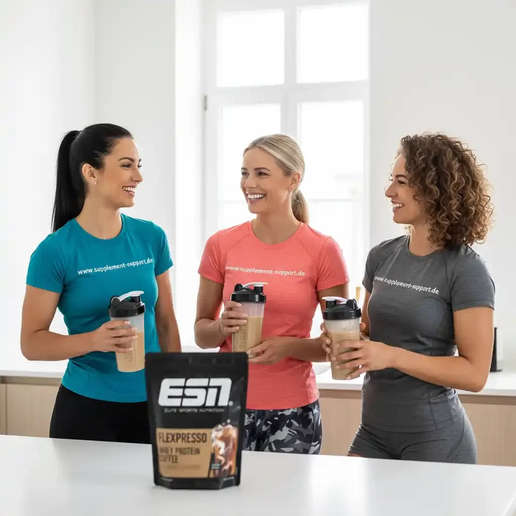 Drei Frauen mit Protein-Shakes und ESN Flexpresso Whey Protein Coffee, ideal für Sport und Fitness
