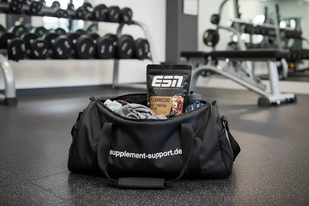 Sporttasche mit ESN Whey Protein Kaffee im Fitnessstudio, ideal für Training und Nahrungsergänzung