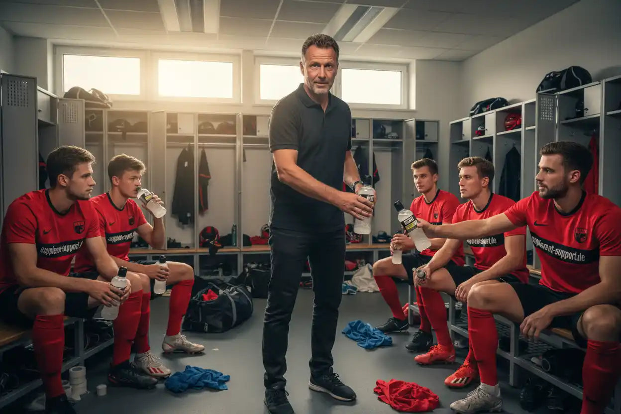 Fußballspieler im Umkleideraum mit ESN Hydorade Sportdrink von Supplement Support