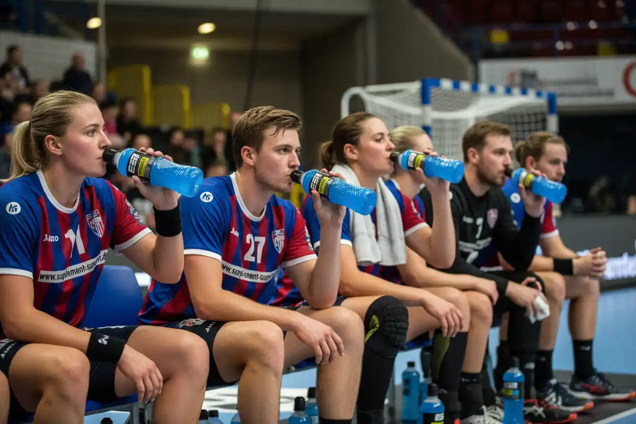 Handballspieler trinken ESN Hydorade Sports Drink auf der Bank, Sportnahrung von Supplement Support