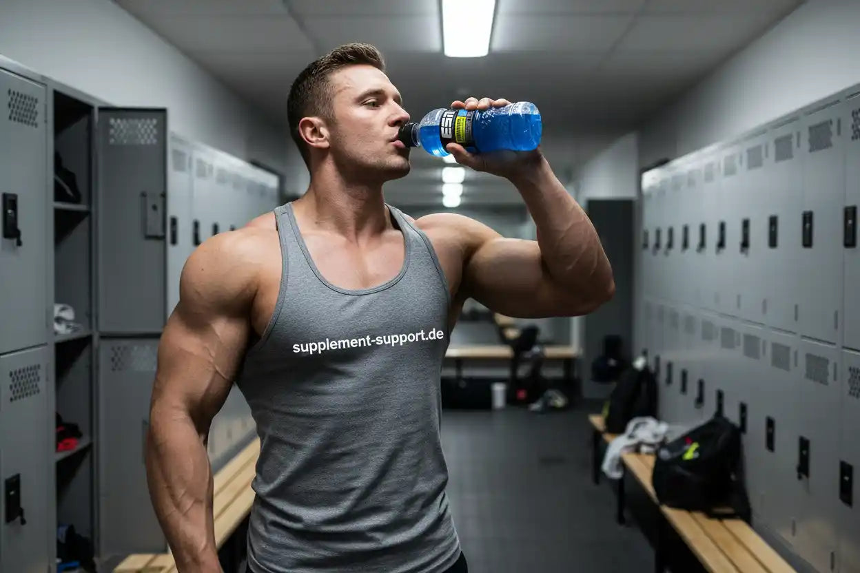 Muskelbepackter Sportler trinkt ESN Hydrade Sports Drink im Fitnessstudio, supplement-support.de Tanktop