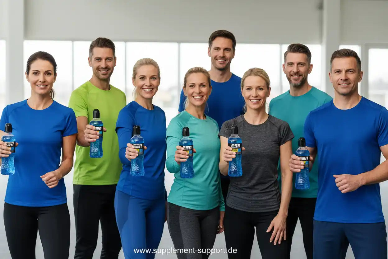Gruppe sportlicher Menschen hält ESN Hydorade Sportgetränk Flaschen, Supplement Support