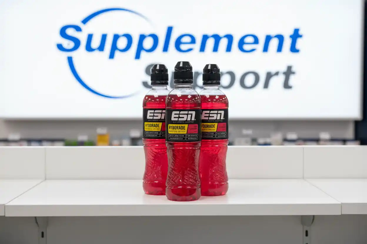 Drei ESN Hydorade Sports Drinks vor Supplement Support Logo, Sportnahrung, Nahrungsergänzung