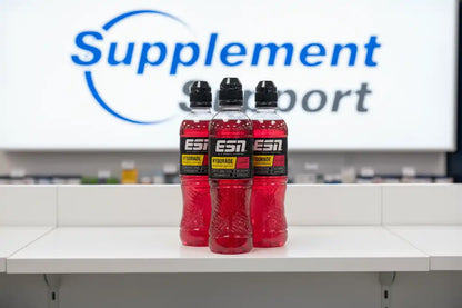 Drei ESN Hydorade Sports Drinks vor Supplement Support Logo, Sportnahrung, Nahrungsergänzung