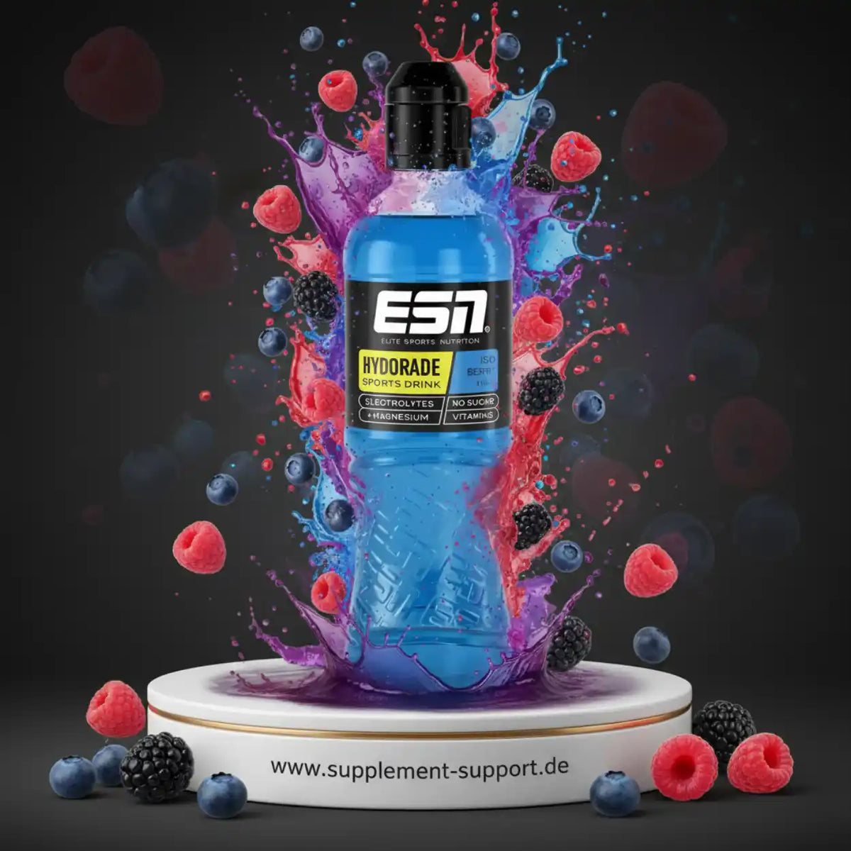 ESN Hydorade Sportgetränk mit Elektrolyten und Magnesium vor einem dynamischen Beeren-Hintergrund
