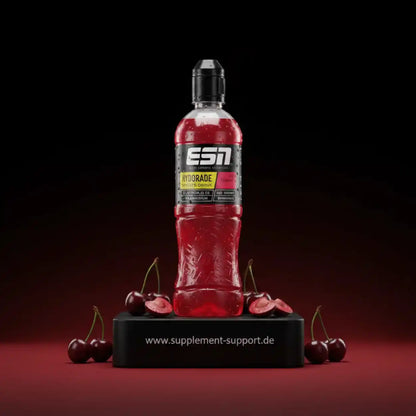 ESN Hydorade Sportgetränk in Rot mit Kirschen auf schwarzem Podest