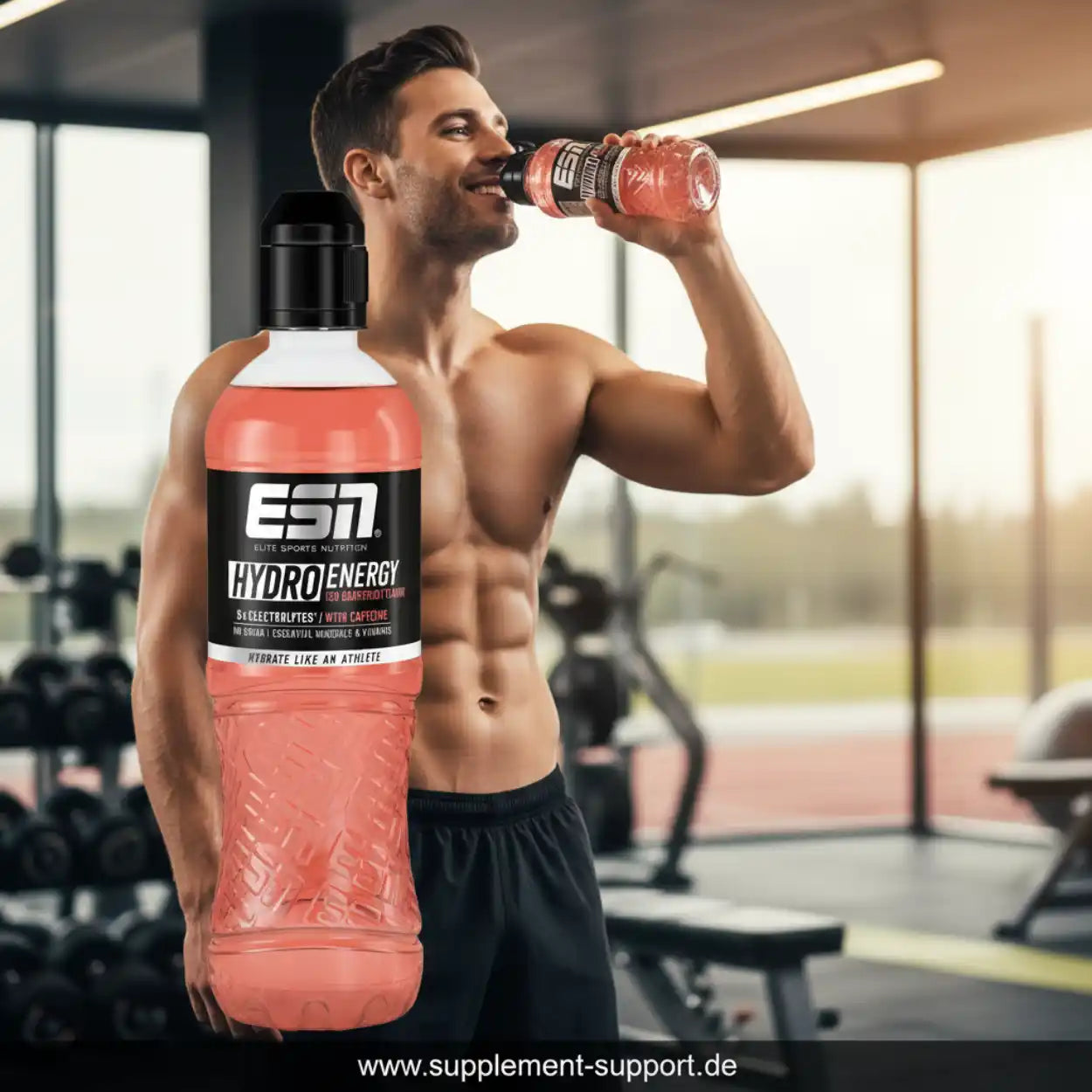 Muskulöser Mann trinkt ESN Hydro Energy in Fitnessstudio, ideal für Sportnahrung und Hydratation