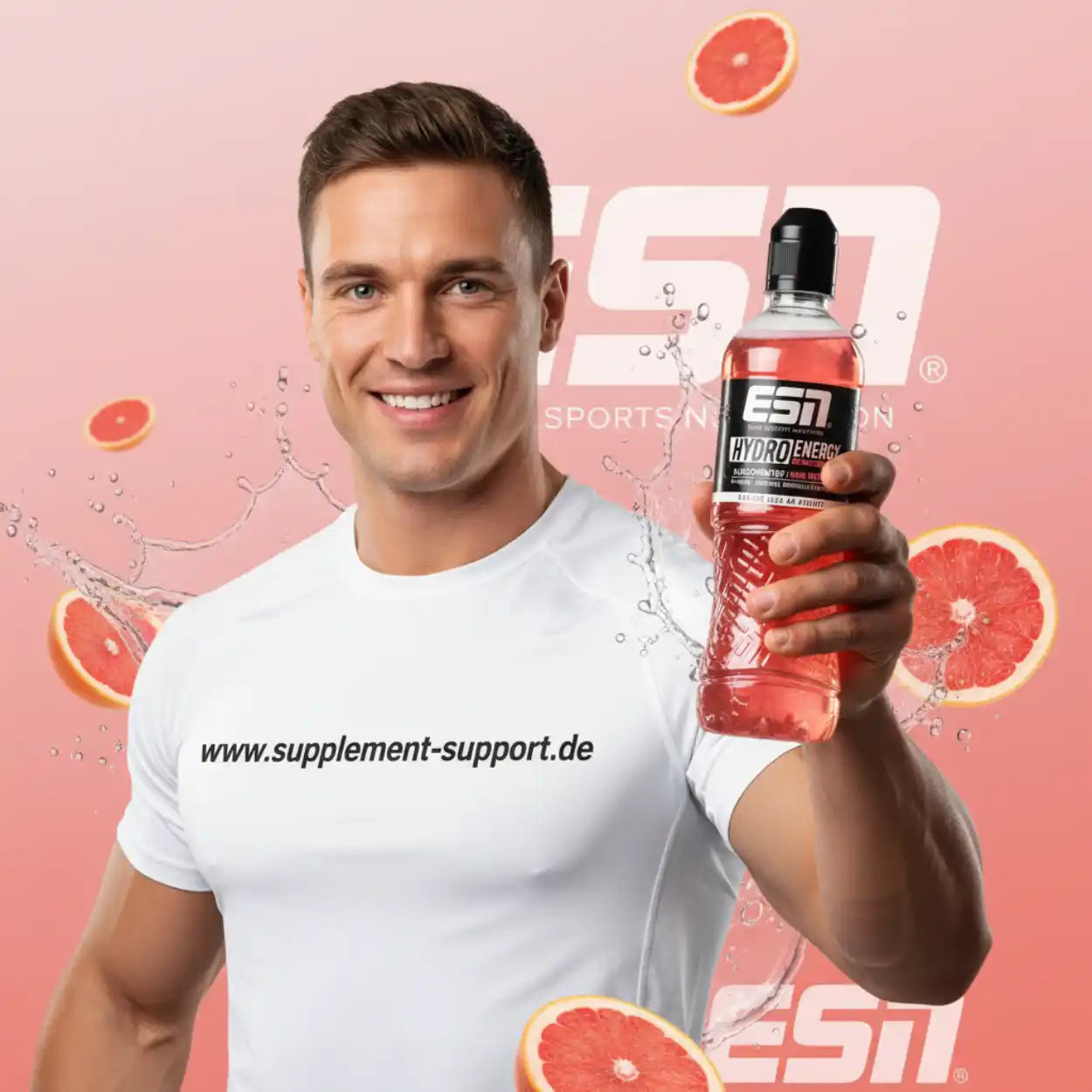 Muskulöser Mann mit ESN Hydro Energy Getränk, Grapefruit-Aroma, ideal für Sport und Fitness