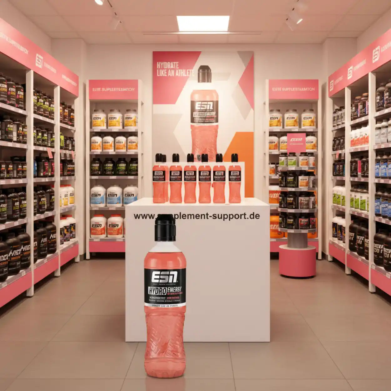 ESN Hydro Energy Trinkflasche im Supplement-Store mit Protein und Vitamine Regalen