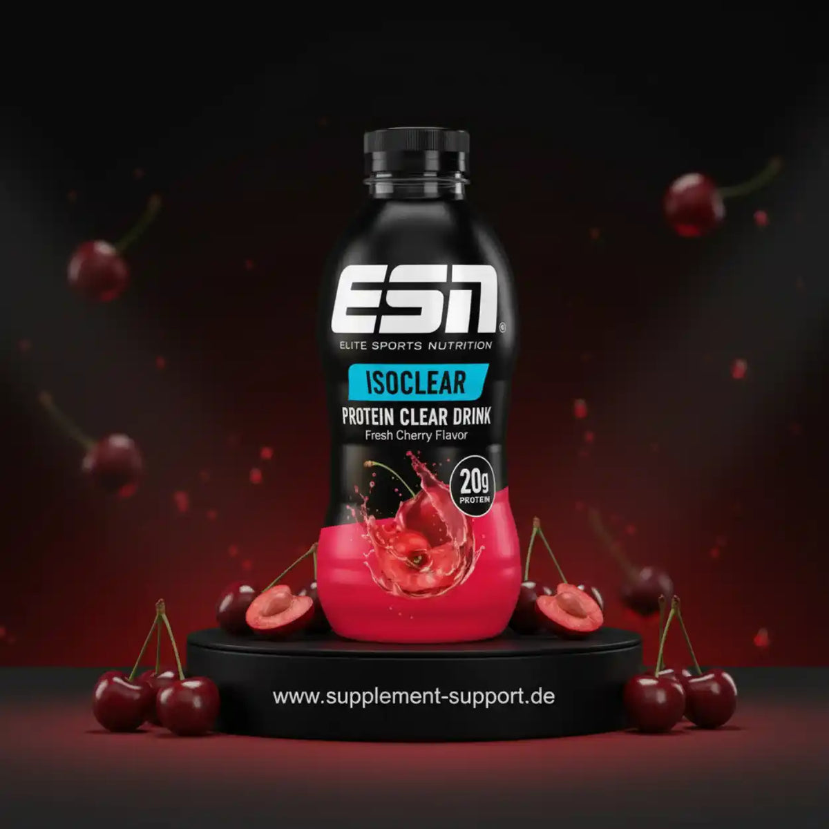 ESN Isoclear Protein Clear Drink in Kirschgeschmack mit Kirschen auf dunklem Hintergrund