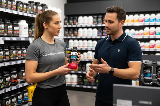 Zwei Personen im Supplement Support Geschäft, beraten zu ESN Isoclear Protein Drink, umgeben von Protein und Sportnahrung.