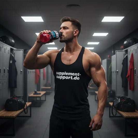 Muskulöser Mann trinkt ESN Isoclear Protein Drink im Fitnessstudio-Umkleideraum, supplement-support.de Shirt