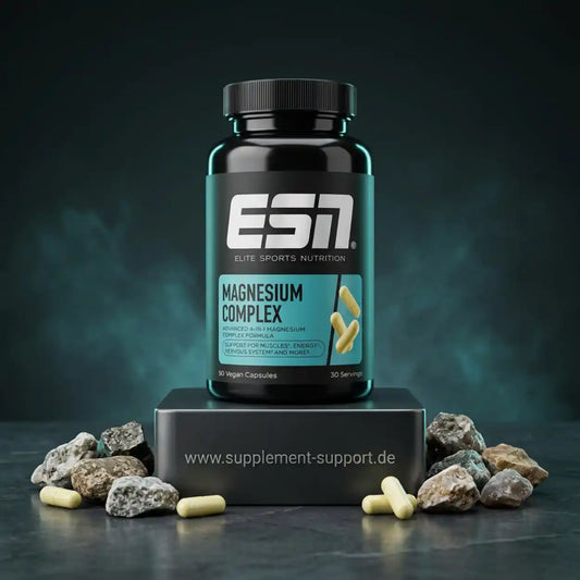 ESN Magnesium Complex 4-in-1 Nahrungsergänzungsmittel als vegane Kapseln auf dunklem Hintergrund