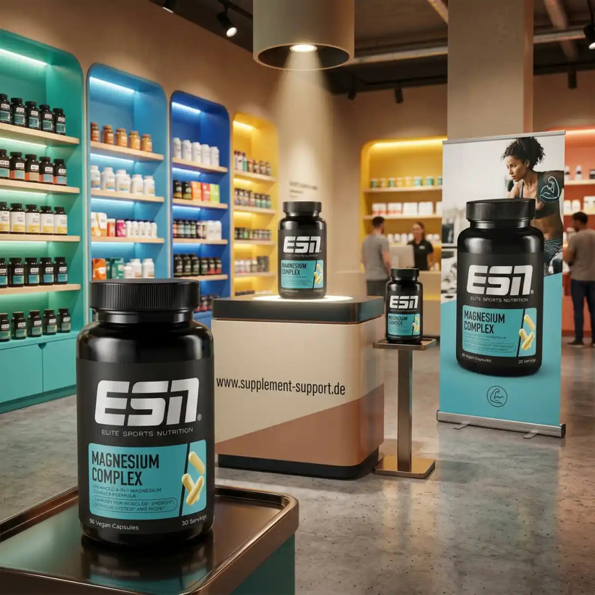 ESN Magnesium Complex 4-in-1 Nahrungsergänzungsmittel in einem modernen Supplement-Store