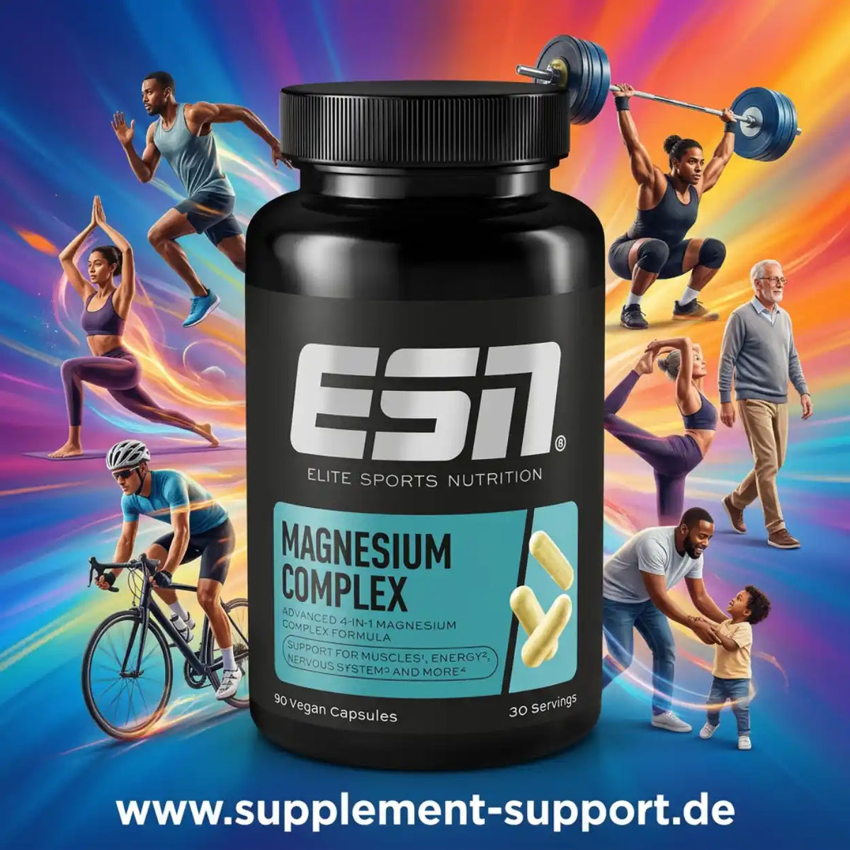 ESN Magnesium Complex Nahrungsergänzungsmittel für Muskeln und Energie mit Sportlern im Hintergrund