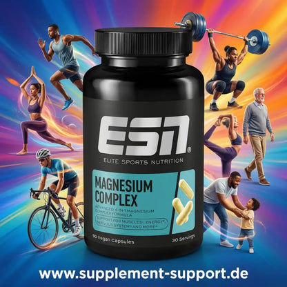 ESN Magnesium Complex Nahrungsergänzungsmittel für Muskeln und Energie mit Sportlern im Hintergrund