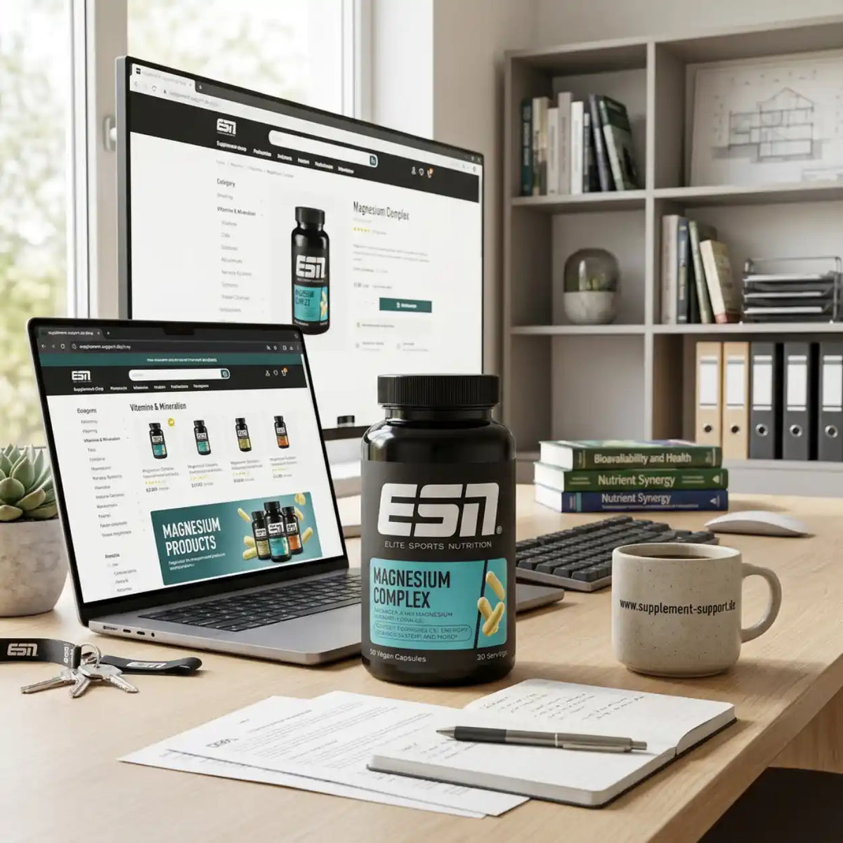 ESN Magnesium Complex Nahrungsergänzungsmittel auf einem Schreibtisch mit Laptop und Monitor.