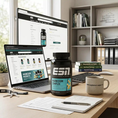 ESN Magnesium Complex Nahrungsergänzungsmittel auf einem Schreibtisch mit Laptop und Monitor.