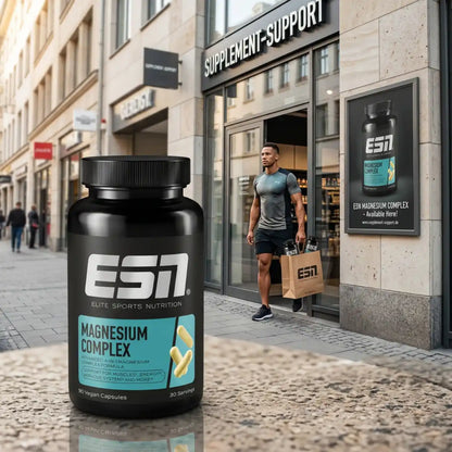 ESN Magnesium Complex Nahrungsergänzungsmittel vor einem Supplement-Support Geschäft