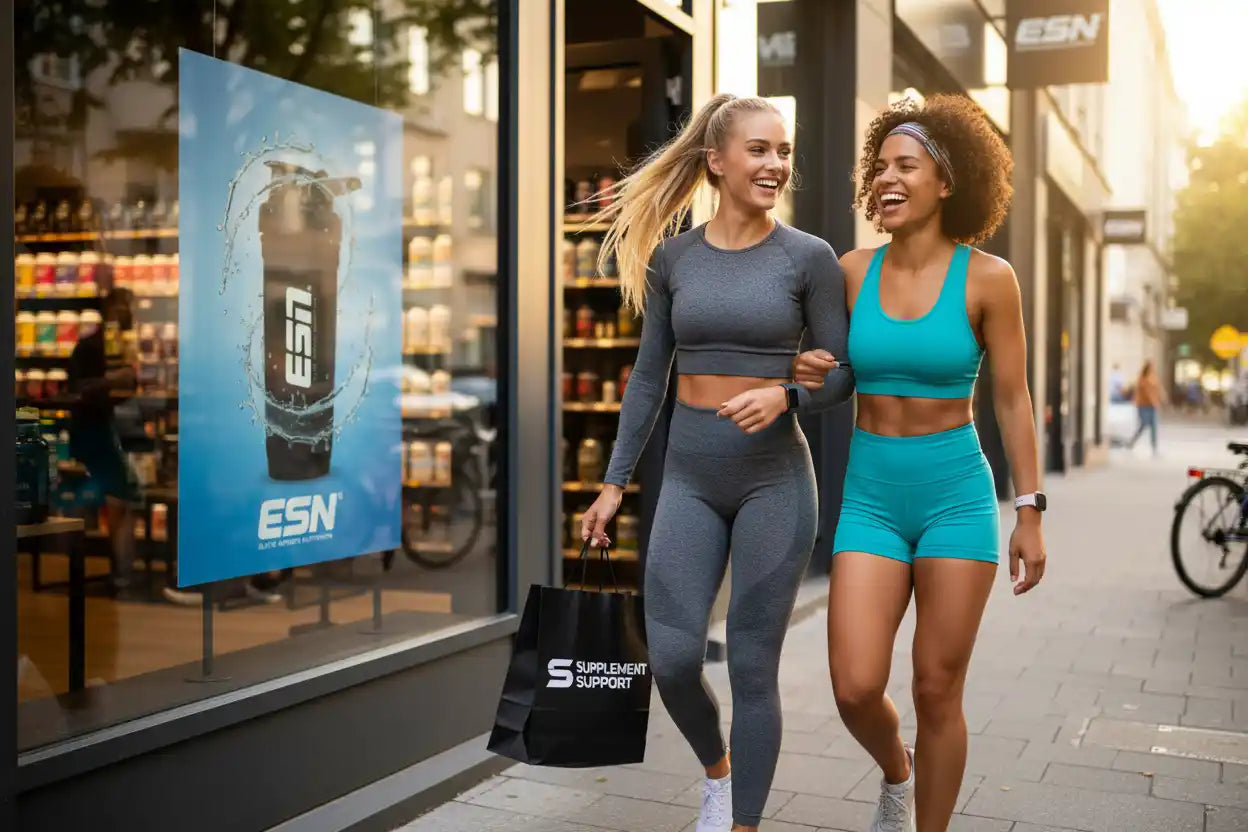 Zwei sportliche Frauen mit Supplement Support Einkaufstüte vor Sportnahrungsgeschäft in der Stadt