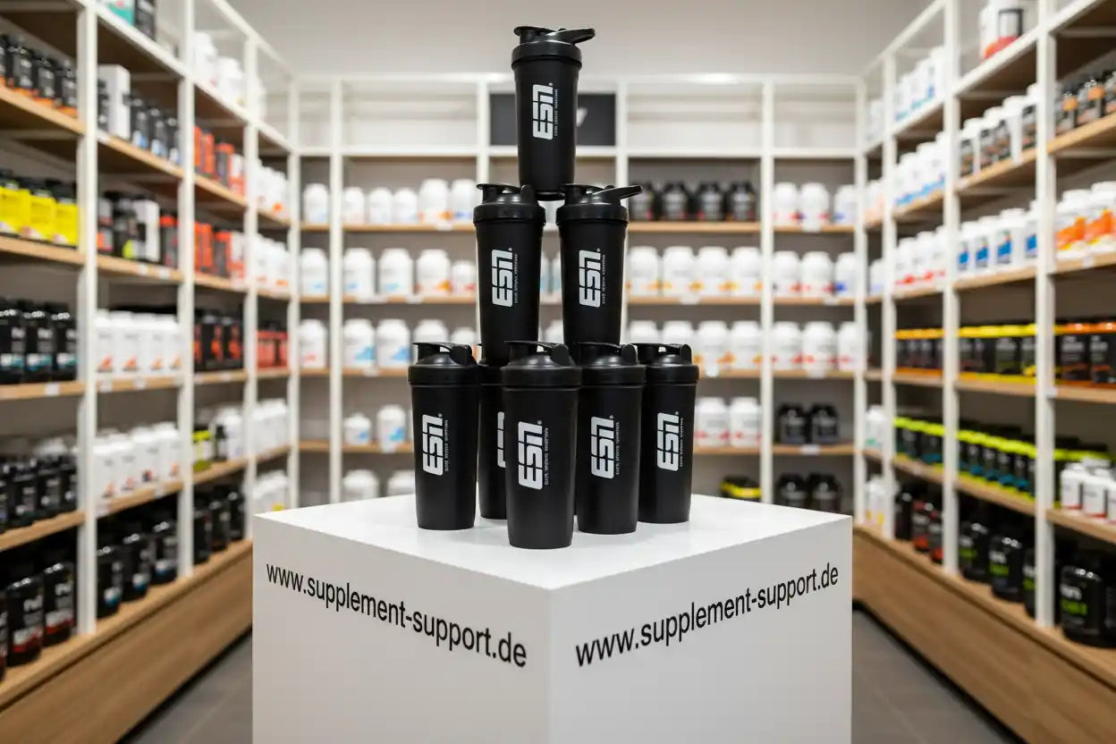 ESN Protein Shaker schwarz im Supplement Support Laden vor Regalen mit Sportnahrung