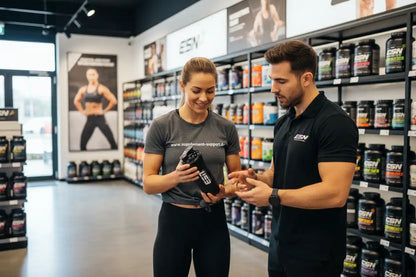 Zwei Personen im Supplement Support Geschäft beraten sich zu einem ESN Shaker, Regale mit Sportnahrung im Hintergrund.