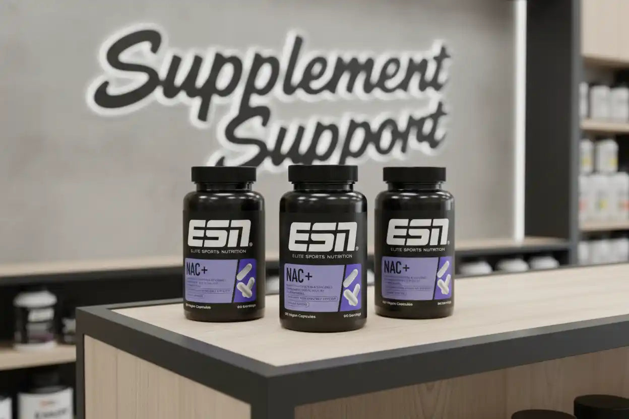 Drei ESN NAC+ Nahrungsergänzungsmittel Dosen im Supplement Support Store Regal