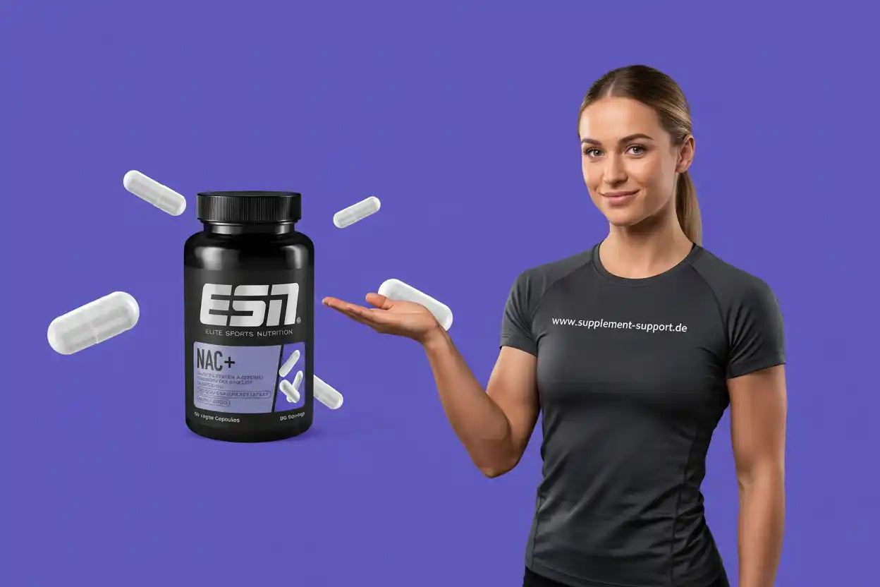 Frau präsentiert ESN NAC+ Supplement-Kapseln vor lila Hintergrund, Sportnahrung bei Supplement Support