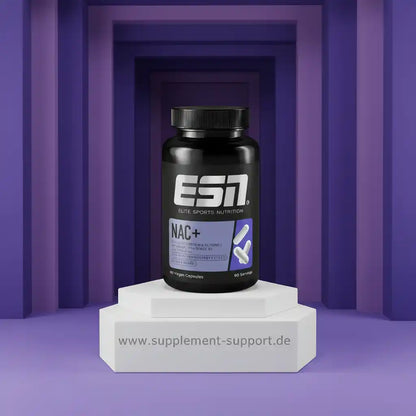 ESN NAC+ Nahrungsergänzungsmittel Dose auf violettem Podest, Supplement Support