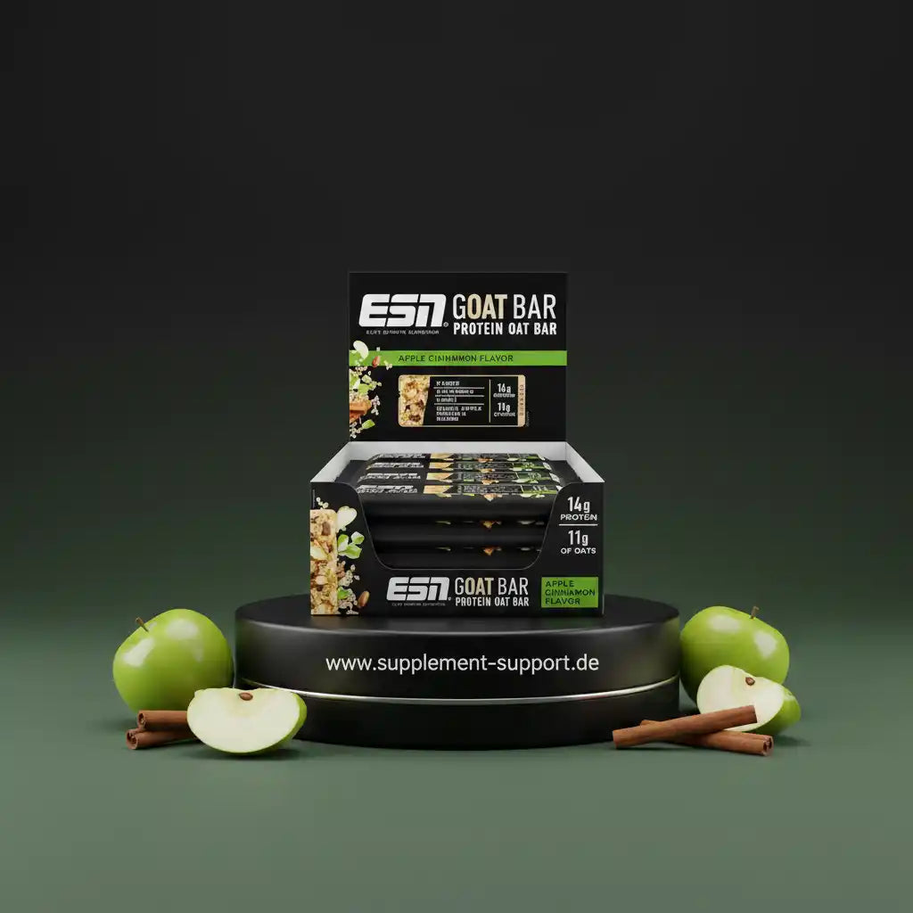 ESN Goat Bar Protein Oat Bar Apfel-Zimt Geschmack mit 14g Protein, umgeben von Äpfeln und Zimtstangen