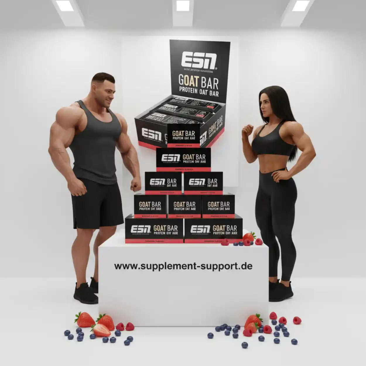 ESN Goat Bar Protein Oat Bar mit Muskelmann und -frau, Beeren, ideal für Sport & Fitness
