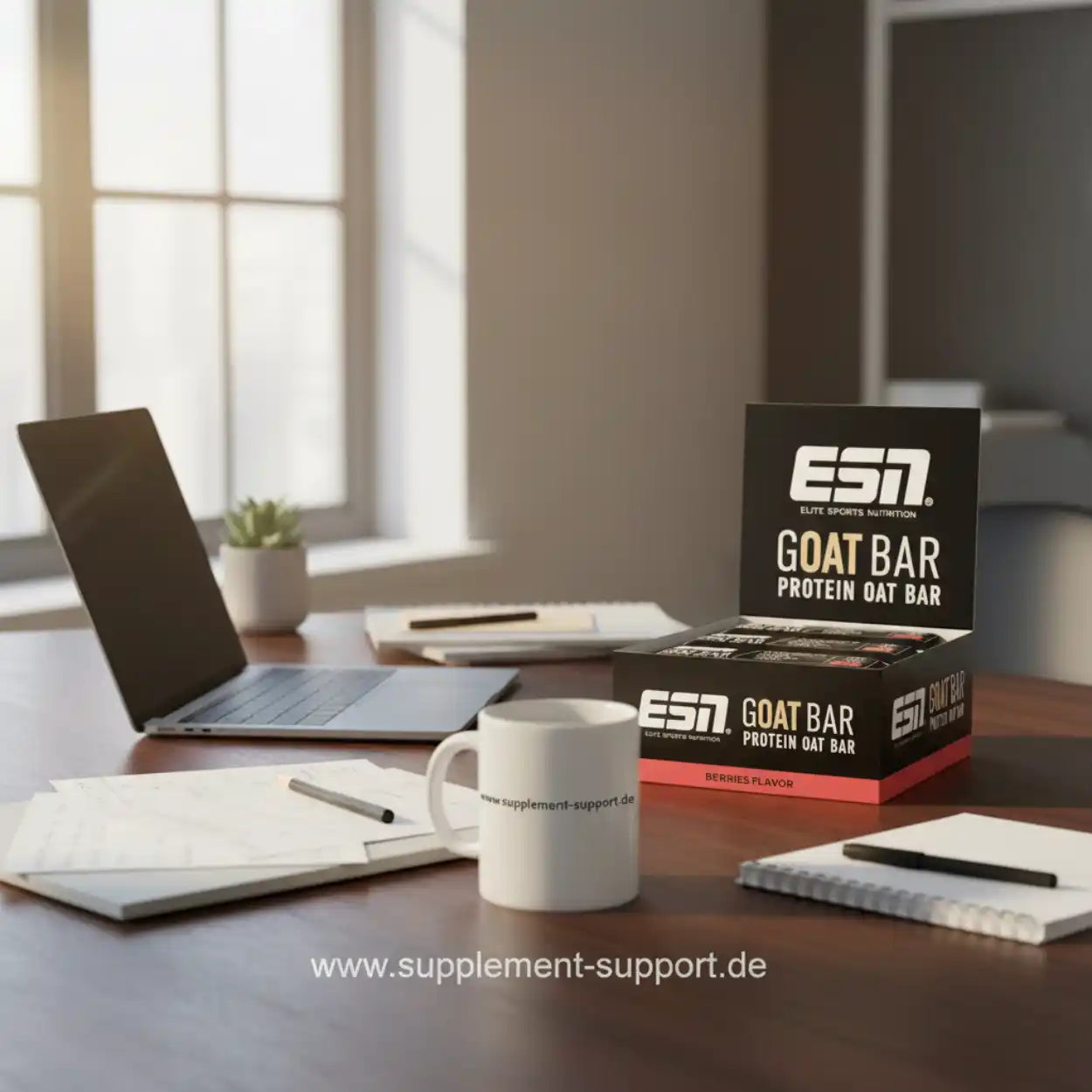 ESN Goat Bar Protein Oat Bar Beeren Geschmack auf Schreibtisch mit Laptop und Tasse
