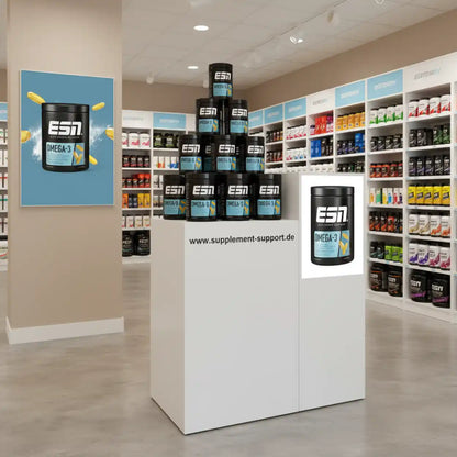 ESN Omega-3 Nahrungsergänzungsmittel in einem modern gestalteten Supplement-Shop