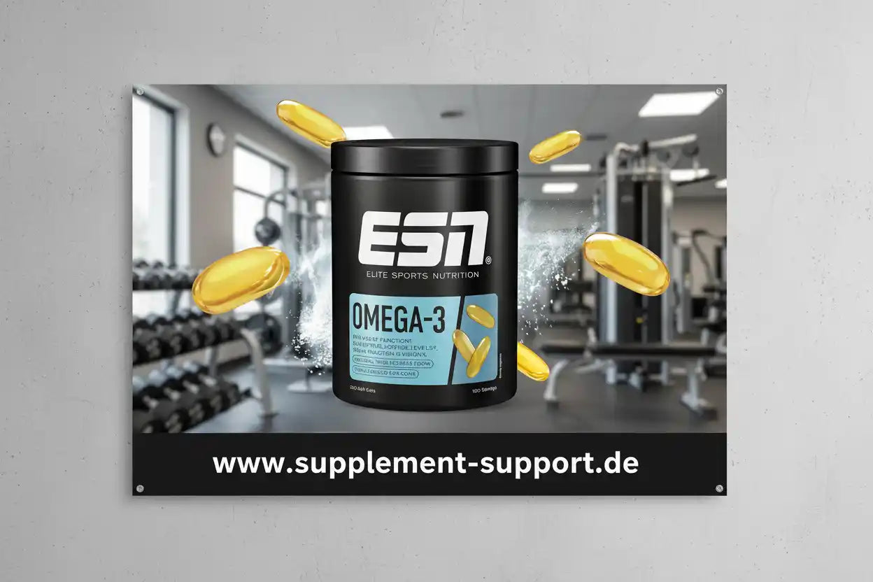 Omega-3 Kapseln Dose mit Gelkapseln im Fitnessstudio, Nahrungsergänzung, Sportnahrung
