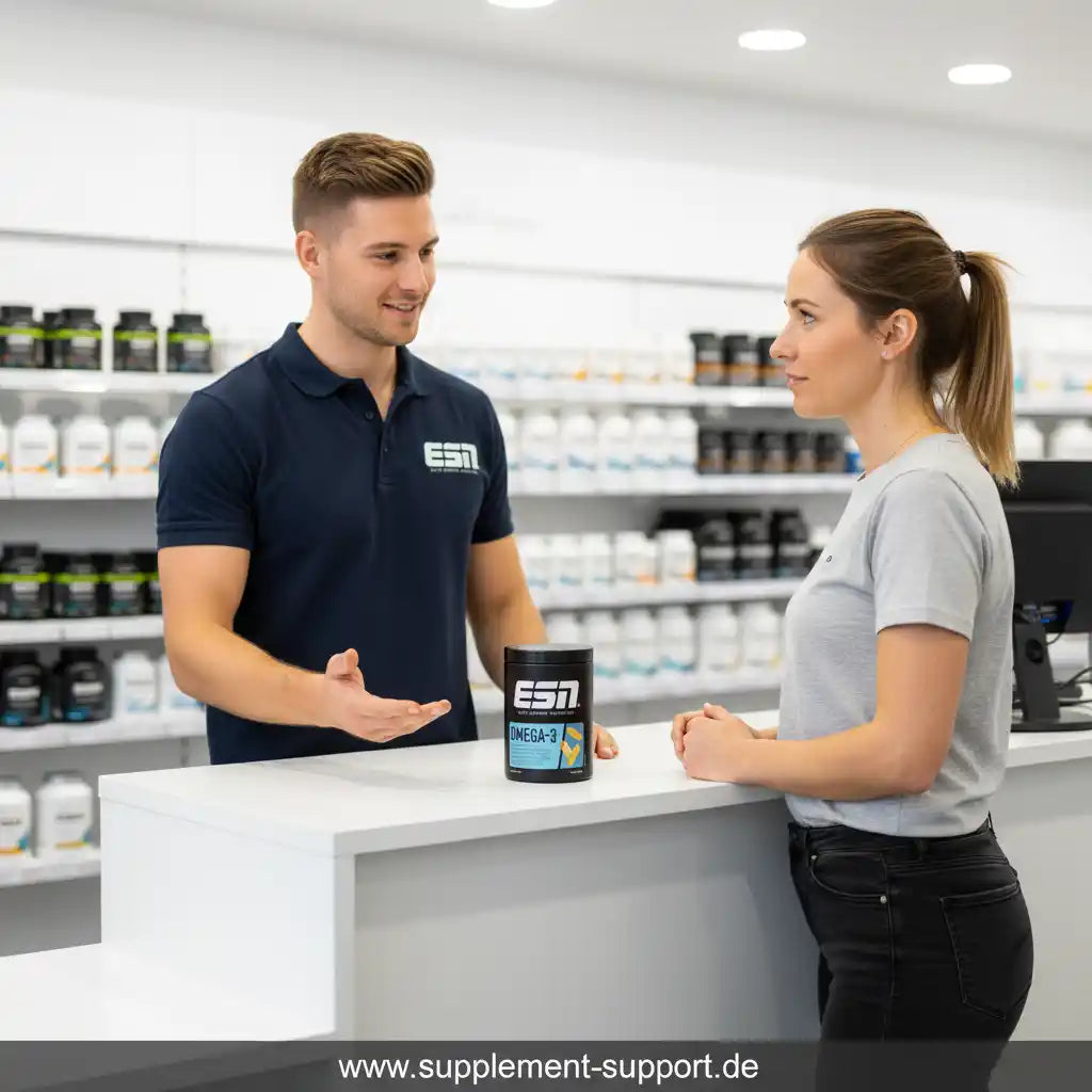 Beratung zu Omega-3 Kapseln im Supplement-Shop, Regal mit Nahrungsergänzungsmitteln im Hintergrund