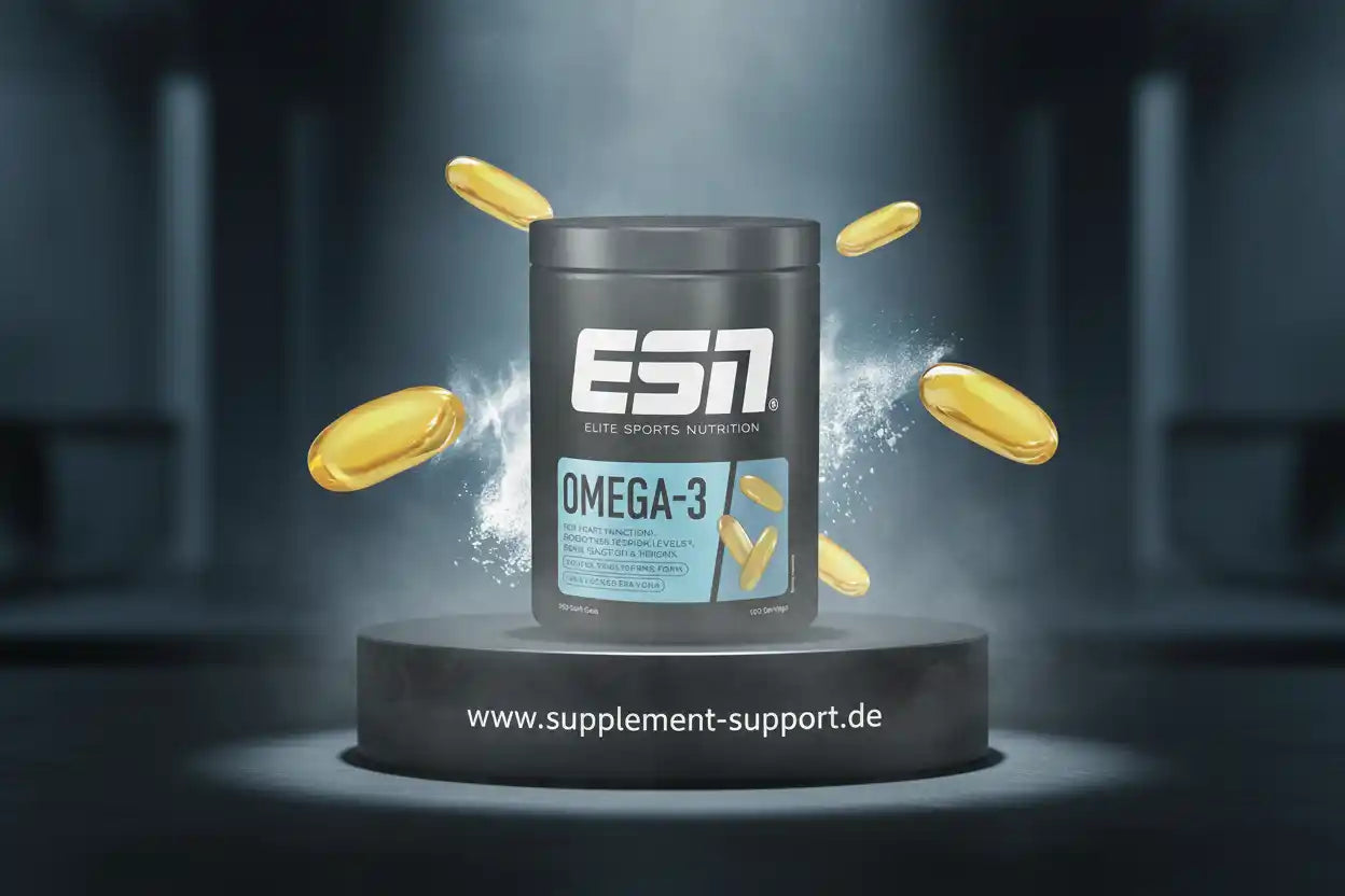 Omega-3 Kapseln Dose mit gelben Softgel-Kapseln auf schwarzem Podest, Nahrungsergänzung