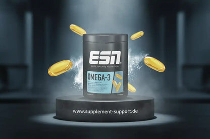 Omega-3 Kapseln Dose mit gelben Softgel-Kapseln auf schwarzem Podest, Nahrungsergänzung