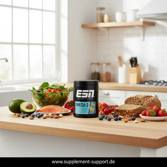 Omega-3 Kapseln Dose auf Küchentisch mit gesunden Lebensmitteln wie Lachs, Avocado, Nüssen