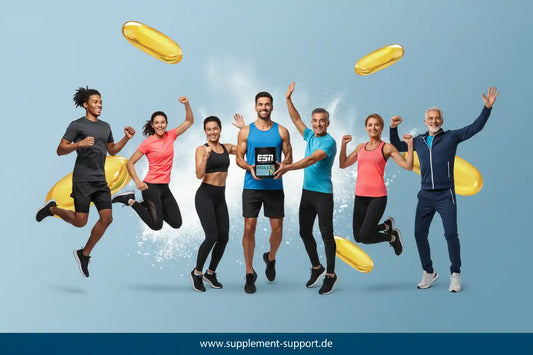 Sportliche Menschen springen vor Omega 3 Kapseln, Nahrungsergänzung und Fitness