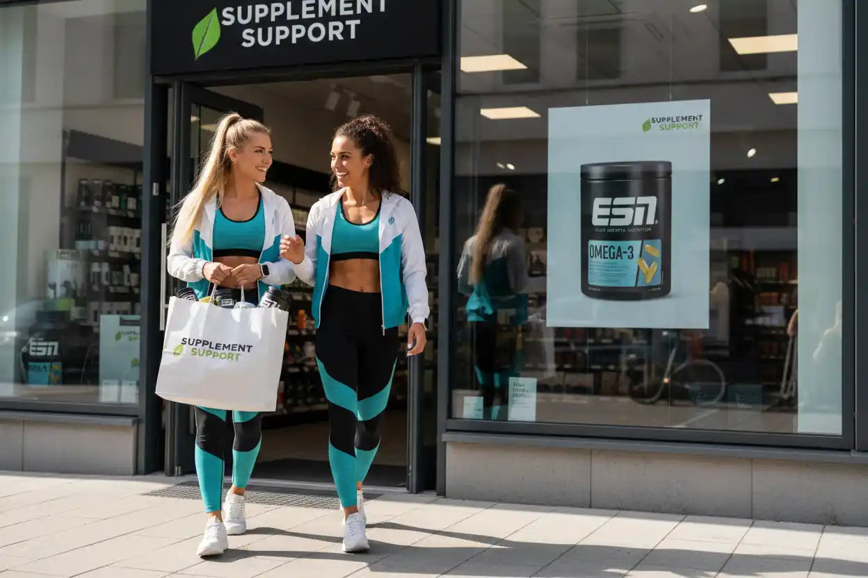 Zwei sportliche Frauen mit Einkaufstasche vor Supplement-Shop für Omega-3 und Vitamine