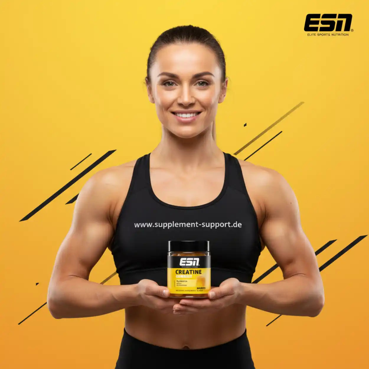 Frau mit ESN Creatine Gummies – Sportnahrung & Nahrungsergänzungsmittel für Fitness und Muskelaufbau
