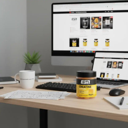 ESN Creatine Gummies Mango auf Schreibtisch vor Computer mit Supplement-Shop-Website