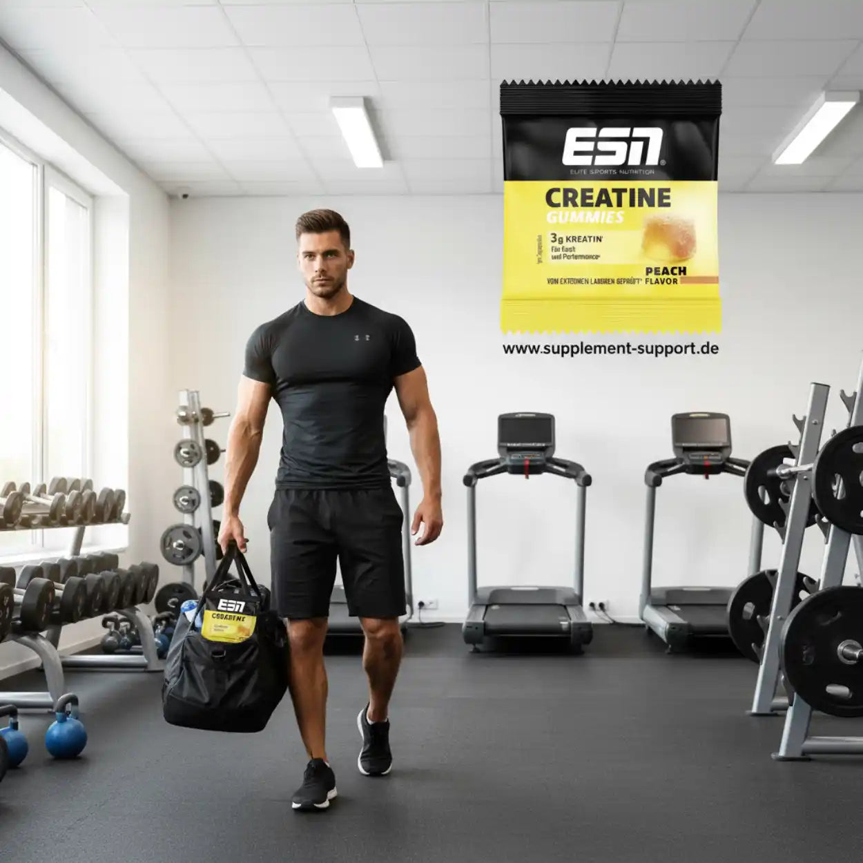 Muskulöser Mann im Fitnessstudio mit ESN Creatine Gummies Peach Flavor, Protein & Booster für Sportler