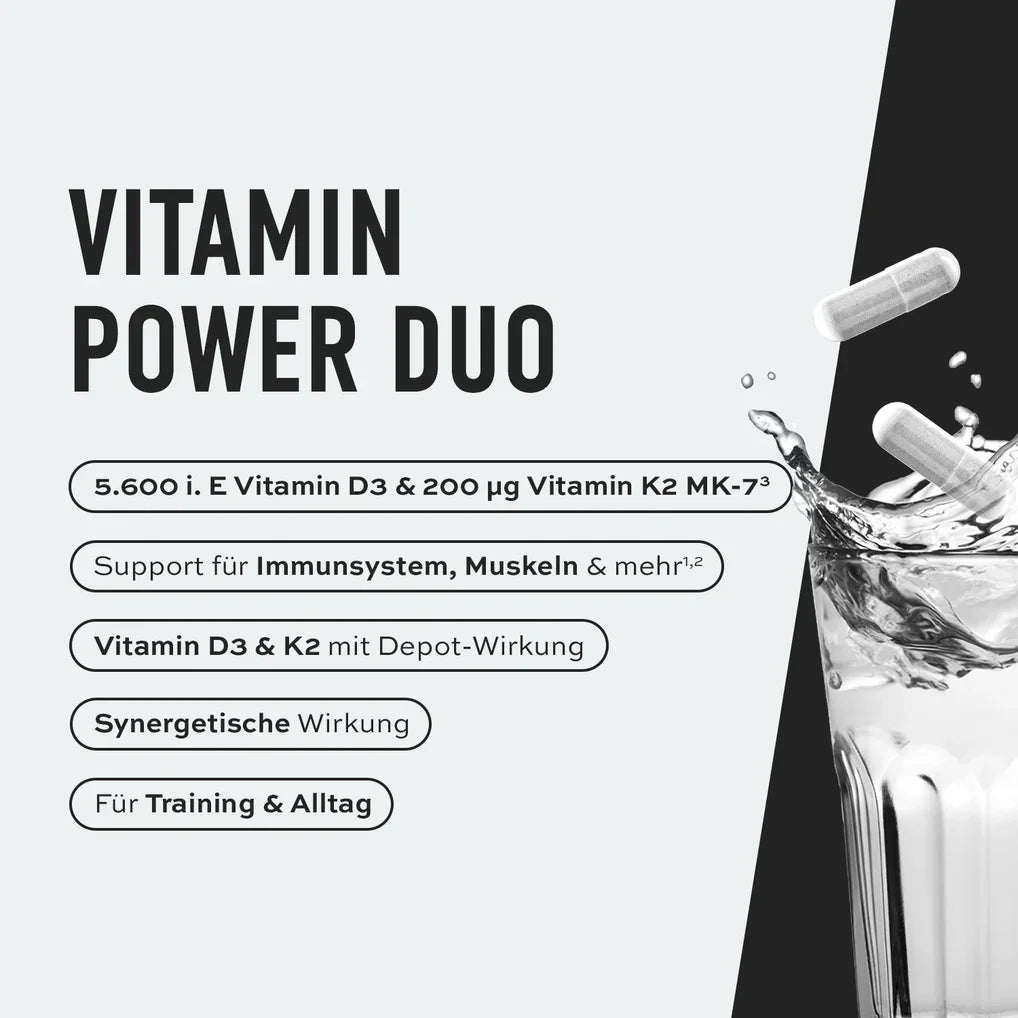 Vitamin Power Duo mit D3 & K2 für Immunsupport, Muskeln & Training – Kapseln im Wasserspritzer