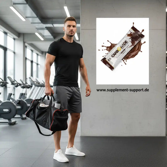 Muskulöser Mann im Fitnessstudio mit Sporttasche und FA Nutrition Carborade Recovery Bar.