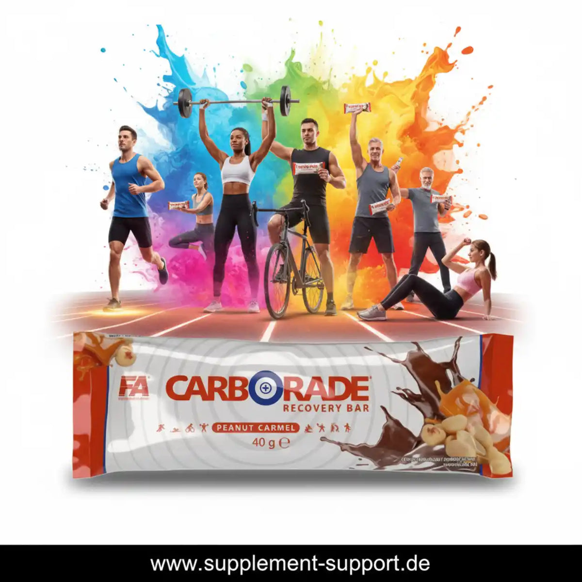 FA Nutrition Carborade Recovery Bar Peanut Carmel mit Sportlern vor farbigem Hintergrund