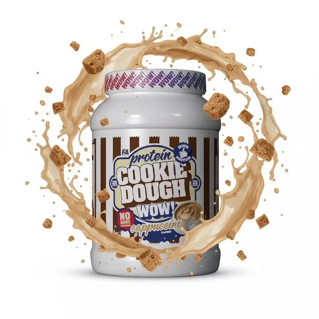 Protein Powder Cookie Dough Wow! Cappuccino Geschmack mit Milchspritzer und Keksstücken
