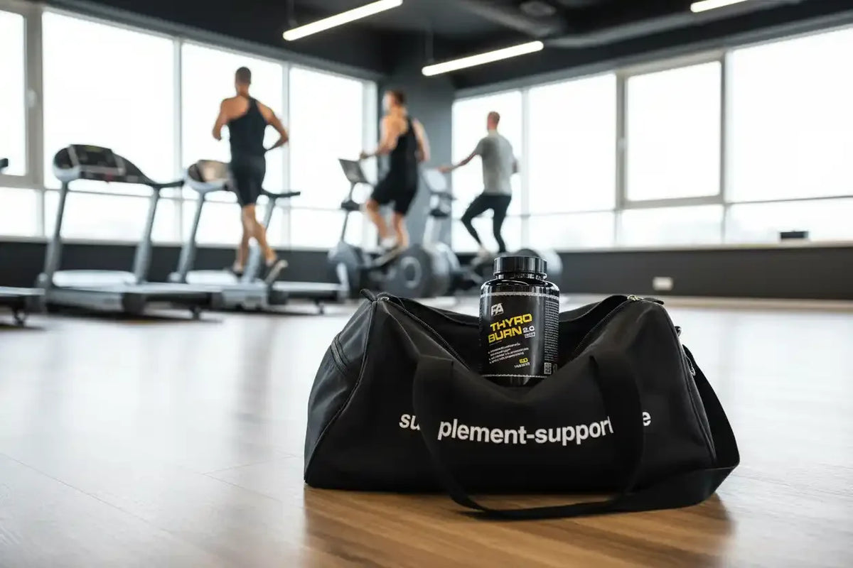 Thyroburn 2.0 Nahrungsergänzungsmittel in Sporttasche im Fitnessstudio mit Trainierenden im Hintergrund